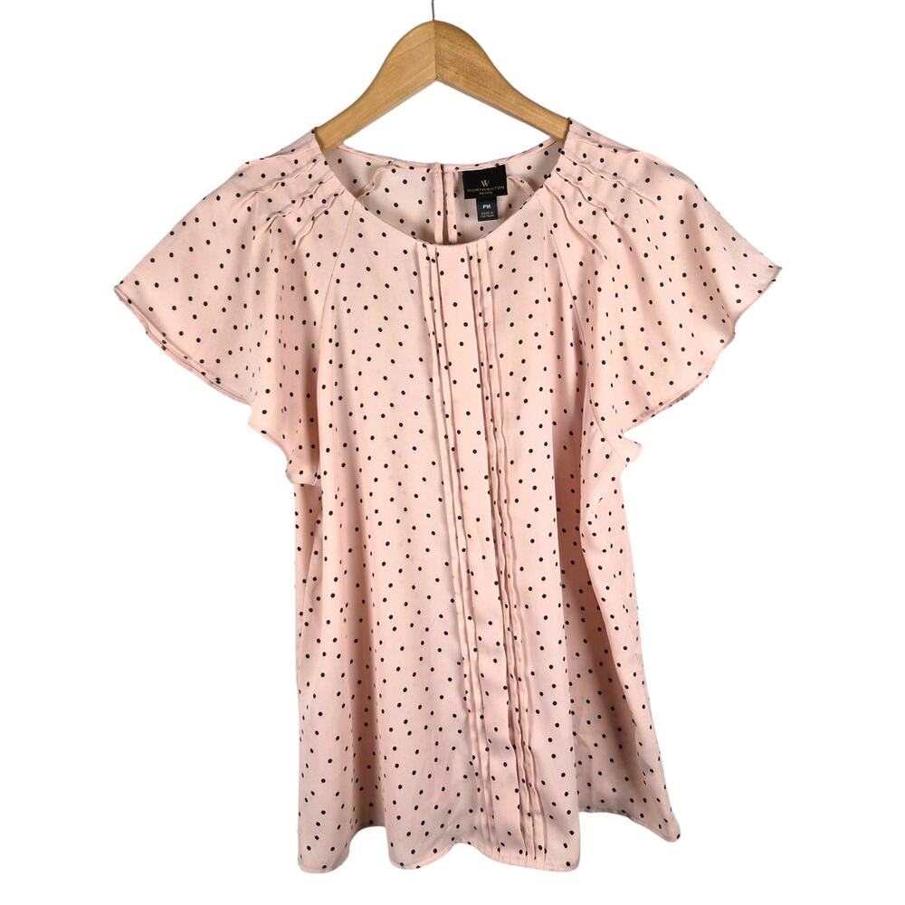 Worthington Petite Polka Dot Blouse Blush Pink Petite Medium PM Coquette Classic